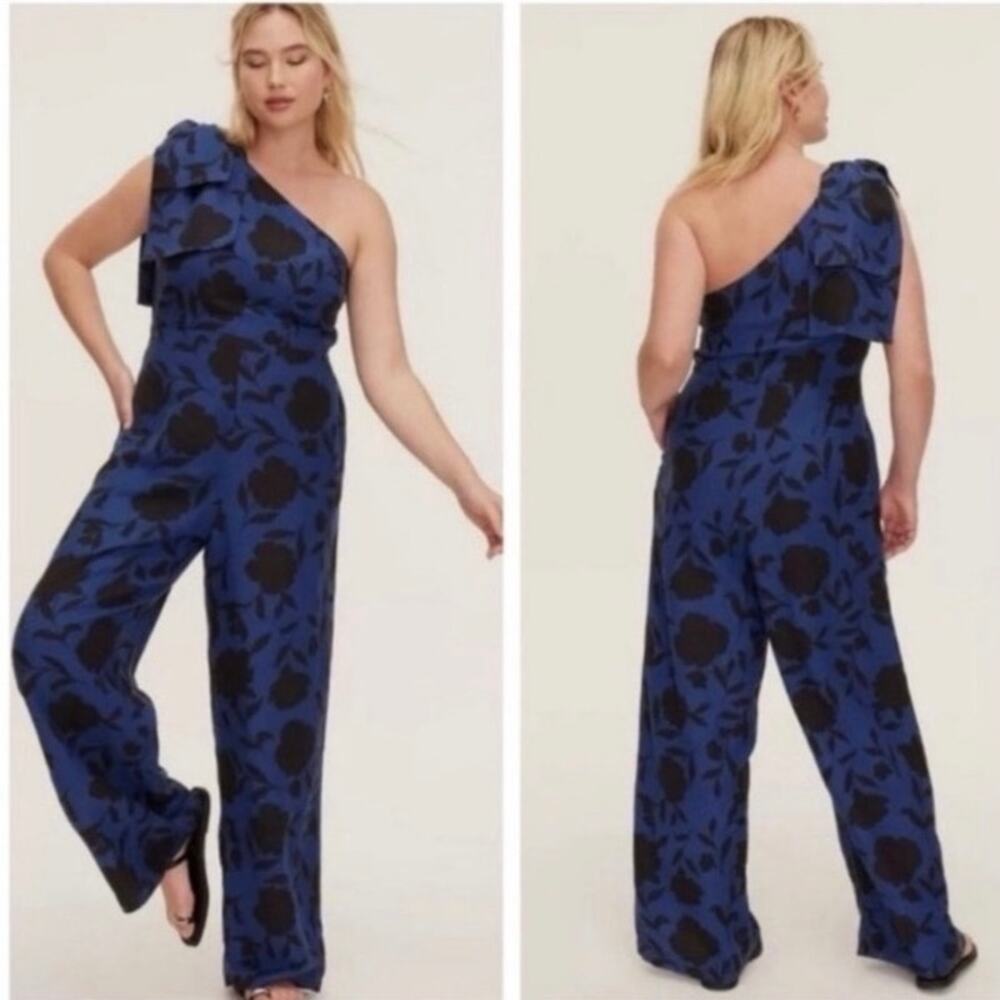 Kate Spade x Target Sz 16 Linen blend One Shoulder Jumpsuit Wide Leg Dark Floral